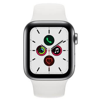 Apple Watch Series 5 Cellular + GPS, 40 mm, Aço Inoxidável Prata, Pulseira Esportiva Branca e Fecho Clássico (MWX42BZ/A)