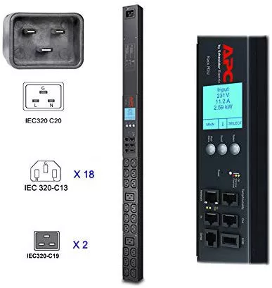 PDU VERT COM MEDIDORES 230V 16A ENT C20 E SAI (18)C13 E (2)C19 (AP8858)